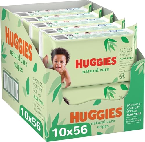 Huggies® Natural Care Babytücher, 10x56 Tücher, hergestellt aus Hautpflegefasern für eine gesunde Haut – Babytücher angereichert mit Aloe Vera von HUGGIES