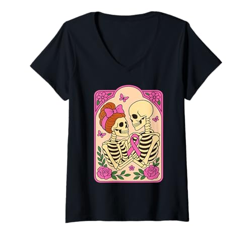 Damen Skelett Umarmung Skelett Halloween Brustkrebs Bewusstsein T-Shirt mit V-Ausschnitt Damen Skelett Umarmung Skelett Halloween Brustkrebs Bewusstsein T-Shirt mit V-Ausschnitt von Hugging Skeletons Breast Cancer