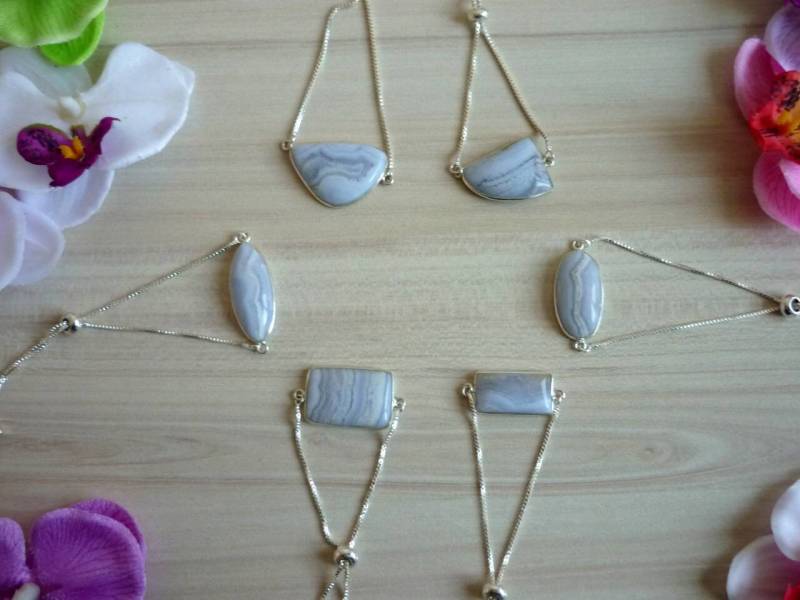 Blue Lace Achat Armband Natürlicher Edelstein, Silberfarbene Kette von HuggingBearr