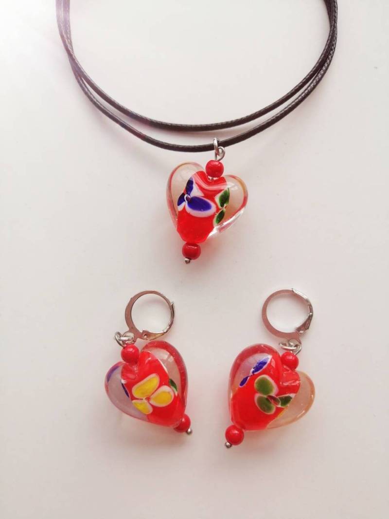 Lampwork Glas Herz Schmuckset Florale Kette Und Ohrringe von HuggingBearr