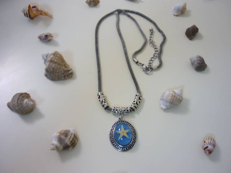 Sea Star Nautical Halskette, Antike Silber Lange Mesh Kette, Resin Dome Anhänger Statement Kette von HuggingBearr