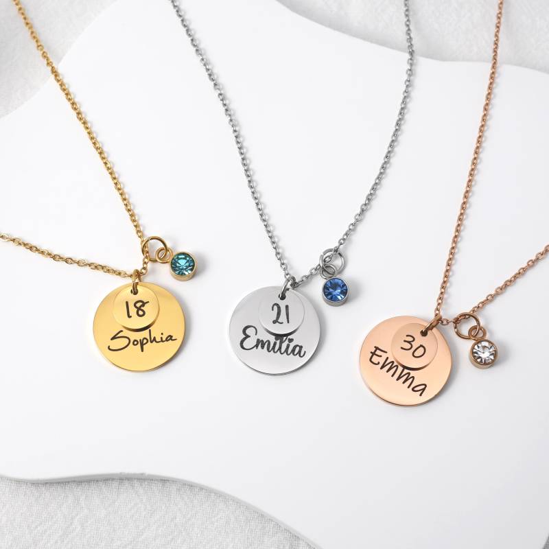 Meilenstein Gravur Kette, Name & Geburtsstein Halskette, 16 18 21 30 Geburtstag Geschenk Für Sie, Sweet Meilenstein Gravur Kette, Name & Geburtsstein Halskette, 16 18 21 30 Geburtstag Geschenk Für Sie, Sweet von HuggyhomeAtelier
