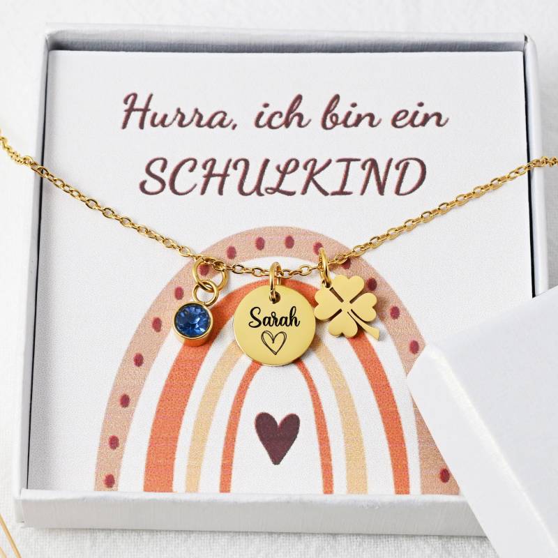 Schulkind Kette Mit Name & Geburtsstein | Kleeblatt Schmuck Zur Einschulung 2025 Geschenk Für Mädchen Zum Schulanfang von HuggyhomeAtelier