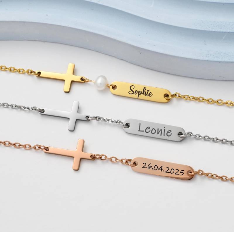 Zierliches Namensarmband Mit Kreuz - Personalisiertes Christliches Geschenk Zur Taufe, Firmung Und Jugendweihe von HuggyhomeAtelier