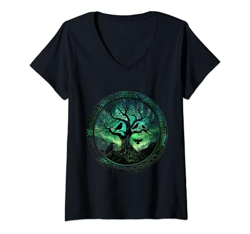 Damen Hugin & Munin T-Shirt Raben Odins Wikinger Baum des Lebens T-Shirt mit V-Ausschnitt Damen Hugin & Munin T-Shirt Raben Odins Wikinger Baum des Lebens T-Shirt mit V-Ausschnitt von Hugin & Munin Shop