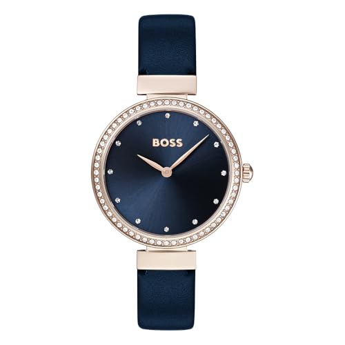 BOSS Analog Quarzuhr für Damen mit Blaues Lederarmband - 1502477 von BOSS