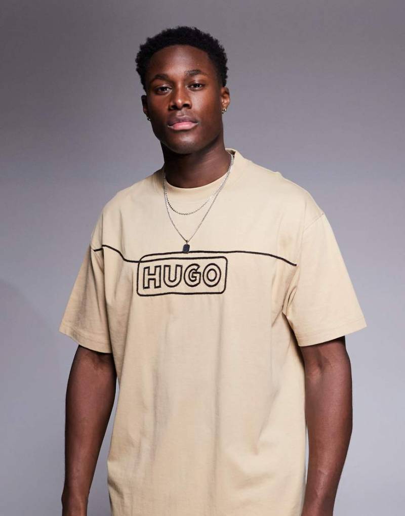 HUGO BLUE - Noideryo - Locker geschnittenes T-Shirt in Beige mit Linien- und Logoprint-Neutral von Hugo Blue