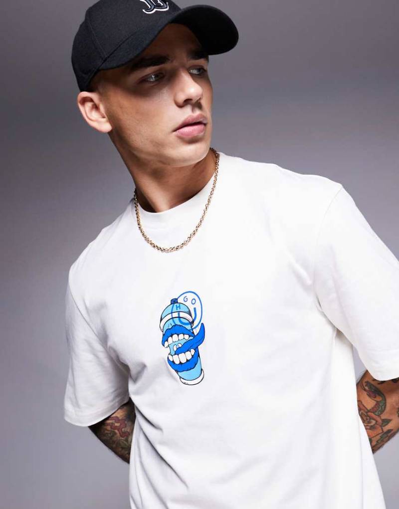 HUGO BLUE - Nutongo - T-Shirt in gebrochenem Weiß mit Farbsprühdose-Grafikprint und Logo von Hugo Blue