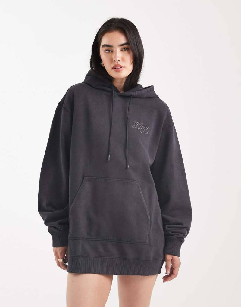 HUGO Blue - Dejandra - Sweatshirt-Kleid in schwarzer Acid-Waschung mit Kapuze und Strass-Schriftzug am Rücken von Hugo Blue
