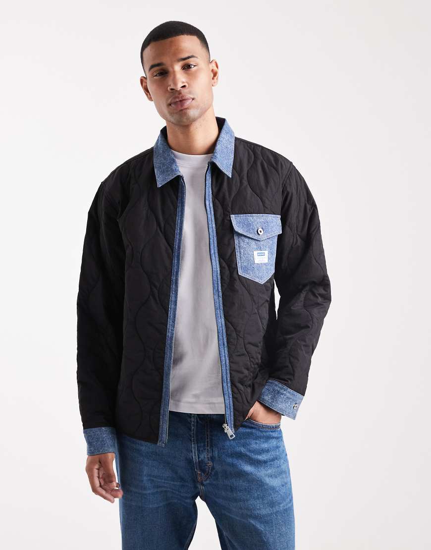 HUGO Blue - Ebey - Gesteppte Relaxed Fit Hemdjacke in Schwarz mit Abschlüssen aus Denim von Hugo Blue