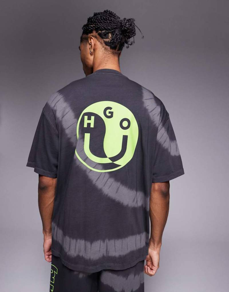 HUGO Blue - Gemustertes Loose-Fit-T-Shirt in Schwarz mit mittigem grünem Logo, Kombiteil von Hugo Blue