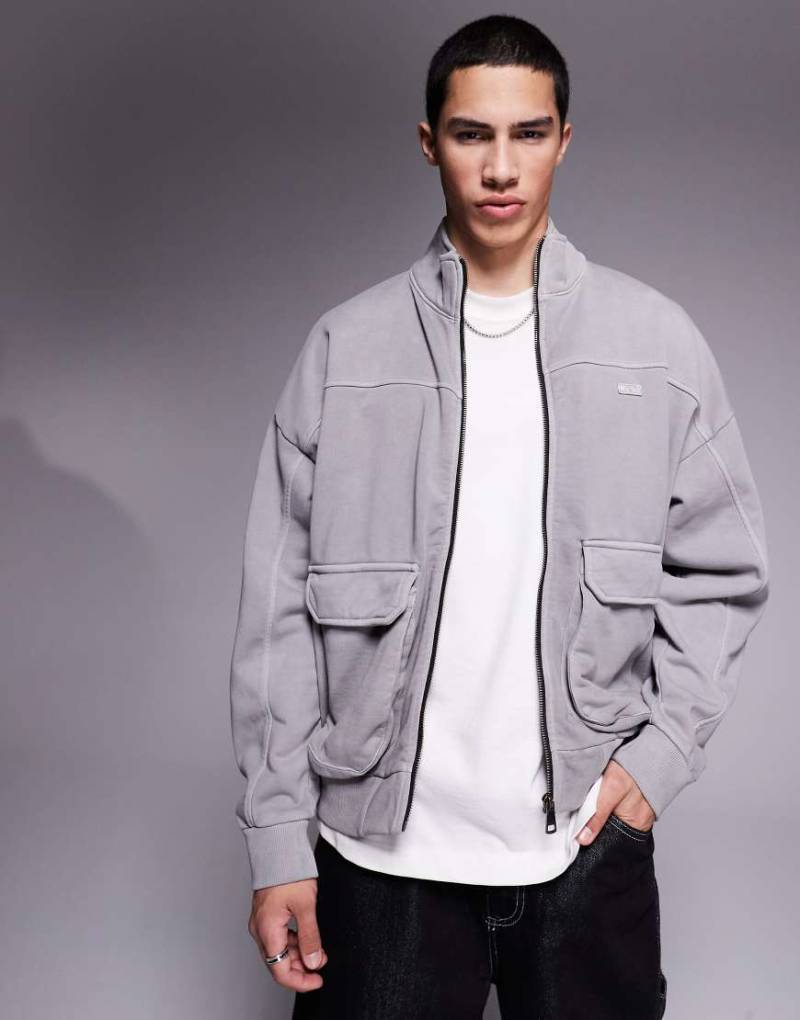 HUGO Blue - Nombos - Loose Fit Sweatshirtjacke in Grau mit durchgehendem Reißverschluss-Schwarz von Hugo Blue