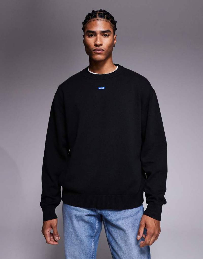 HUGO Blue - San Casey - Relaxed-Fit-Strickpullover in Schwarz mit mittigem Logo von Hugo Blue