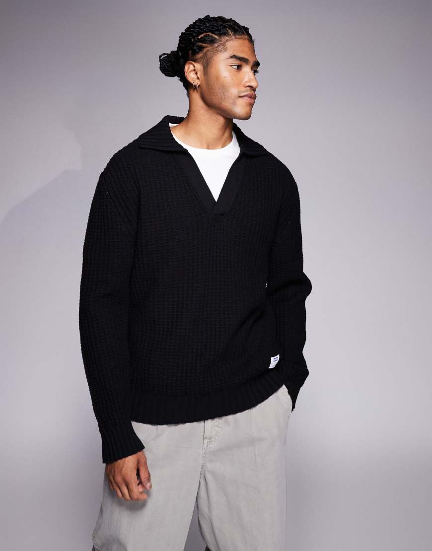 HUGO Blue - Spiro - Strukturierter Relaxed-Fit-Strickpullover in Schwarz mit offenem Polokragen von Hugo Blue