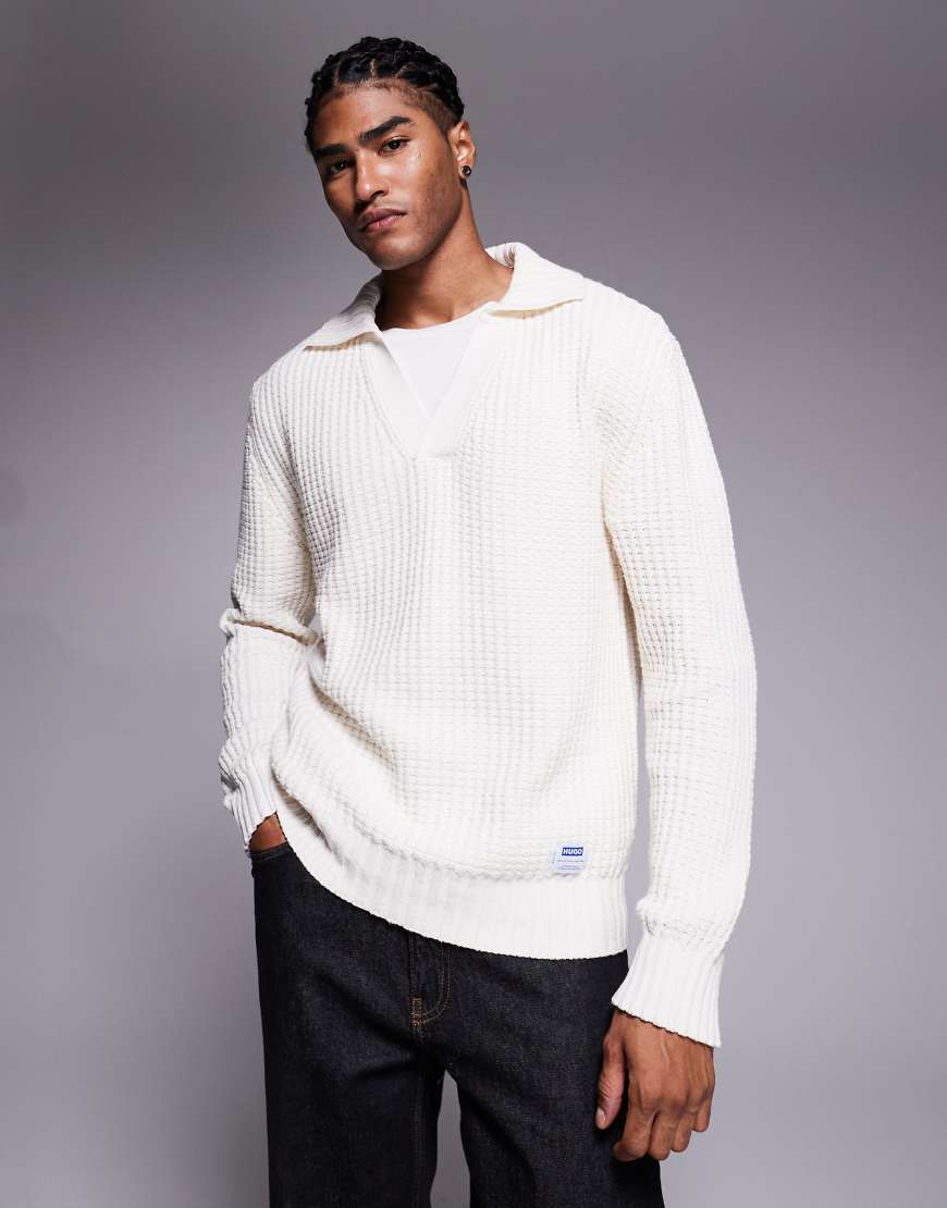 HUGO Blue - Spiro - Strukturierter Relaxed-Fit-Strickpullover in Wollweiß mit offenem Polokragen HUGO Blue - Spiro - Strukturierter Relaxed-Fit-Strickpullover in Wollweiß mit offenem Polokragen von Hugo Blue