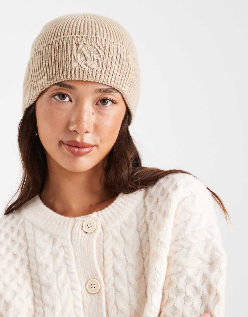 HUGO Blue - Xafon - Strickmütze in Beige mit gleichfarbigem Logo-Neutral von Hugo Blue