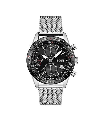 BOSS Chronograph Quarz Uhr für Herren mit Silbernes Edelstahl-Mesh-Gliederarmband - 1513886 von BOSS