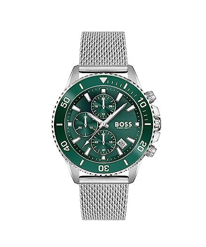 BOSS Chronograph Quarz Uhr für Herren mit Silbernes Edelstahl-Mesh-Gliederarmband - 1513905 - 10 ATM von BOSS