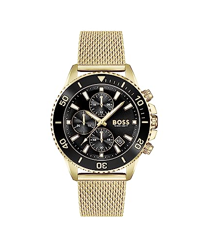 BOSS Chronograph Quarz Uhr für Herren Kollektion Admiral mit Goldfarben Edelstahl-Mesh-Gliederarmband - 1513906 von BOSS