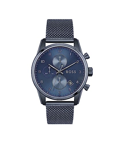 BOSS Chronograph Quarz Uhr für Herren mit Blaues Edelstahl-Mesh-Gliederarmband - 1513836 von BOSS