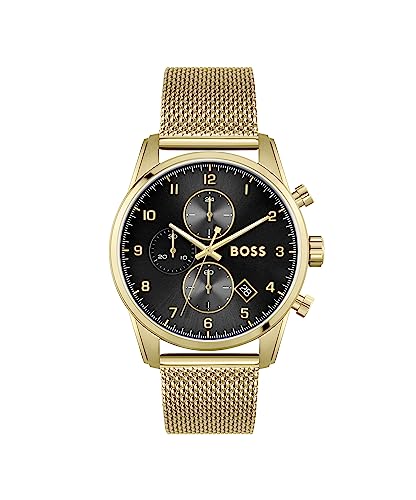 BOSS Chronograph Quarz Uhr für Herren mit Gelbgoldfarbenes Edelstahl-Mesh-Gliederarmband - 1513838 von BOSS