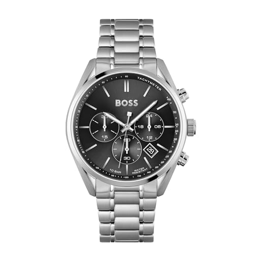 BOSS Herren 44mm Chronograph Quarz Uhr Champion Kollektion mit Schwarzem Zifferblatt und Edelstahlarmband, Datumsfunktion, 3 Sub-Dials, 10ATM Wasserdichtigkeit - 1513871 von BOSS