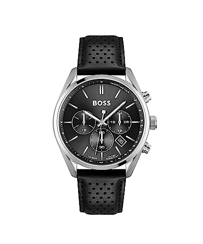 BOSS Chronograph Quarz Uhr für Herren mit Schwarzes Lederarmband - 1513816 von BOSS