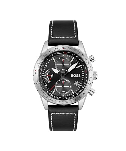 BOSS Chronograph Quarz Uhr für Herren mit Schwarzes Lederarmband - 1513853 von BOSS