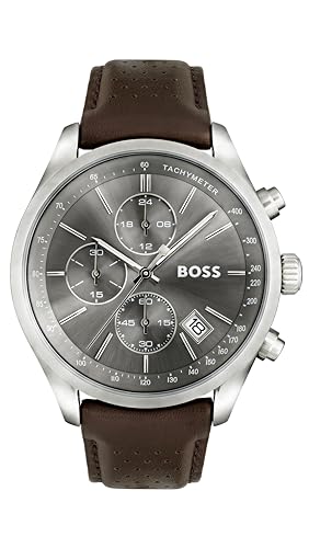 BOSS Chronograph Quarz Uhr für Herren mit Braunes Lederarmband - 1513476, Grau von BOSS