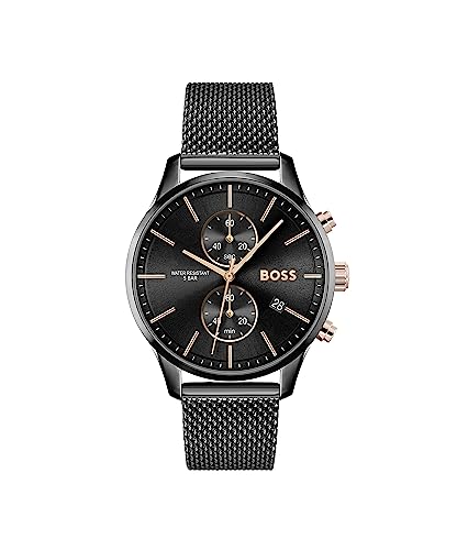 BOSS Chronograph Quarz Uhr für Herren mit Schwarzes Edelstahl-Mesh-Gliederarmband - 1513811 von BOSS