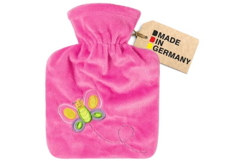 Hugo Frosch Wärmflasche - Kinder-Wärmflasche 0,6 l mit Nickiveloursbezug, Made in Germany rosa Schmetterling von Hugo Frosch