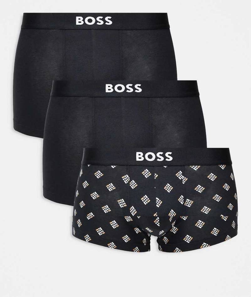 BOSS One - Bodywear - 3er-Pack Trunk-Unterhosen in Schwarz mit Design-Print und Logo-Symbol auf der Vorderseite von Hugo Red