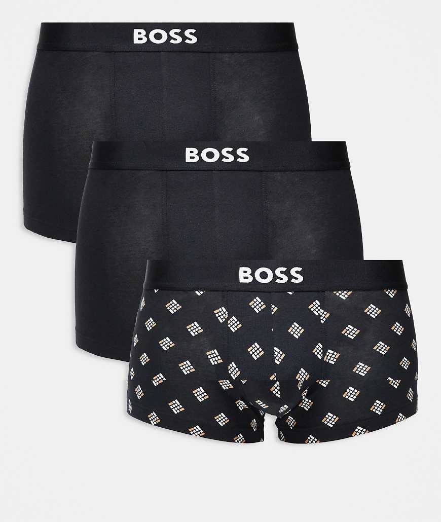 BOSS One - Bodywear - 3er-Pack Trunk-Unterhosen in Schwarz mit Design-Print und Logo-Symbol auf der Vorderseite von Hugo Red