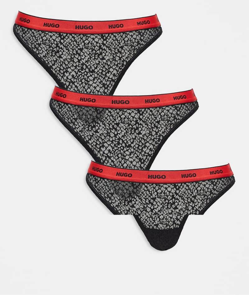 HUGO Bodywear - 3er-Pack Spitzentangas in Schwarz mit kontrastierendem Logo-Bund von Hugo Red