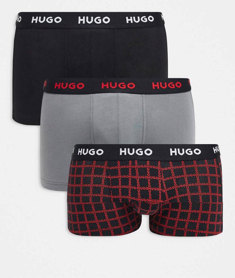 HUGO RED - 3er-Pack Trunk-Unterhosen in Rot mit Print/Schwarz/Grau mit Logo-Taillenbund-Bunt von Hugo Red