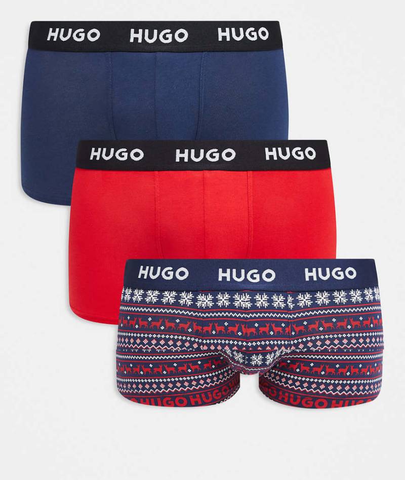 HUGO RED - 3er-Pack Trunk-Unterhosen in Rot mit Print und unifarben sowie in Marineblau mit Logo-Taillenbund-Bunt von Hugo Red