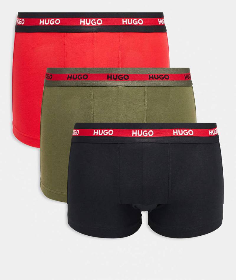 HUGO RED - Planet Logo - 3er-Pack Trunk-Unterhosen in Grün/Rot/Schwarz mit Logo-Streifen am Bund-Bunt von Hugo Red
