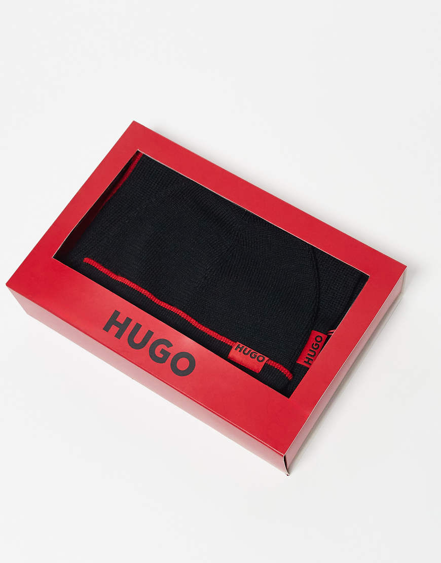 HUGO RED - Zaschel - Strickmütze & Schal in Schwarz mit Logo, Geschenkset von Hugo Red