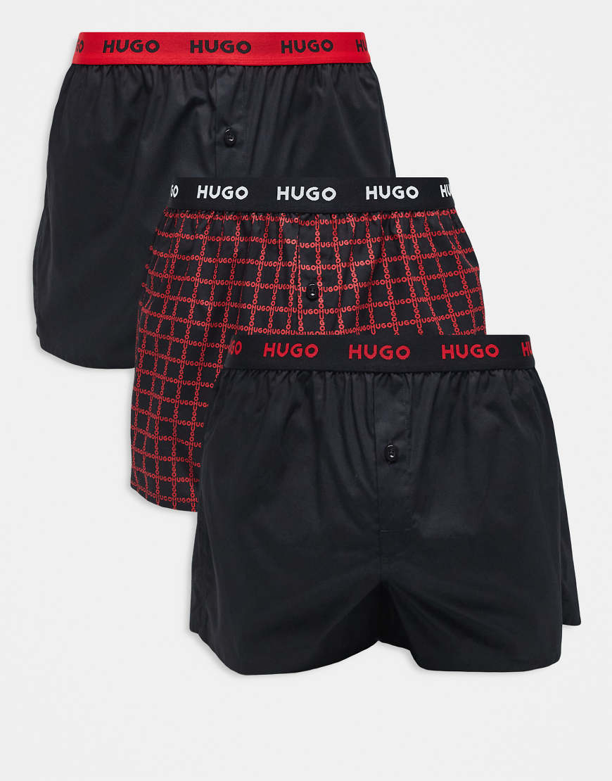 HUGO Red - 3er-Pack Shorts aus Webstoff in Schwarz und rot bedruckt mit Logo-Bund-Bunt von Hugo Red