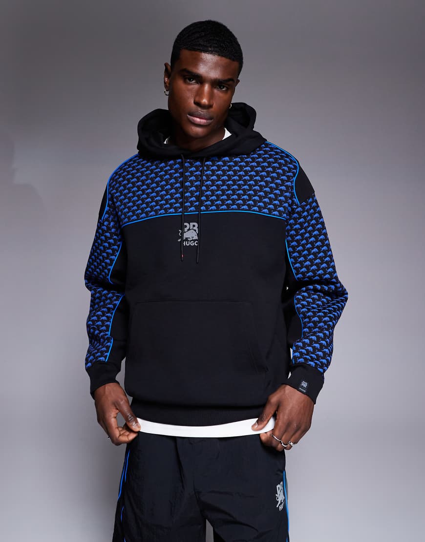 HUGO - Red Bull Racing Capsule - Dilverston - Oversize-Kapuzenpullover in Schwarz mit blauer Paspelierung und Logoprint von Hugo Red