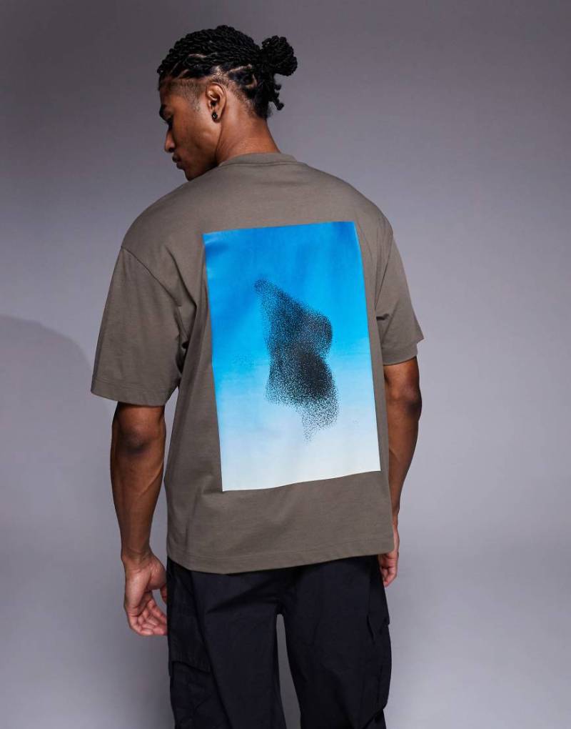 HUGO Red - Dorizon - Oversize-T-Shirt in Mittelgrau mit Logo-Vogelprint von Hugo Red