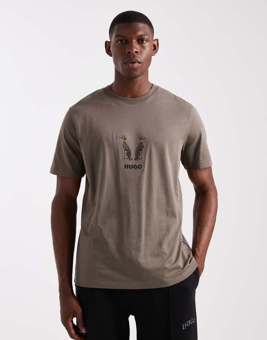 HUGO Red - Dugolini - T-Shirt in Mittelgrau mit aufgesticktem, mittigem Tiermotiv-Logo von Hugo Red