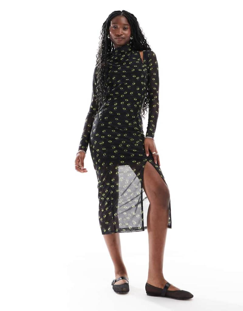 HUGO Red - Noslin - Maxikleid aus Netzstoff in Schwarz mit durchgängigem Augen-Print und Einsätzen von Hugo Red