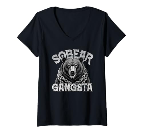 Damen Vintage Sober SOBEAR Gangsta Bear AA Vibes NA Affirmation T-Shirt mit V-Ausschnitt von Hugs Not Drugs Sobriety Celebrate Positivity NA