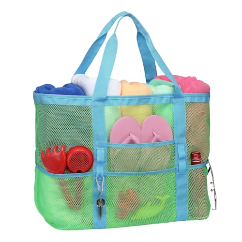 Hugsweet Mesh-Strandtasche, große Strandtasche - Strandtasche mit Reißverschluss und großem Fassungsvermögen,Wiederverwendbare leichte Strandtasche, tragbare Aufbewahrungstasche mit mehreren Taschen von Hugsweet