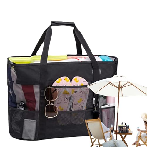 Hugsweet Reise-Strandtasche, Mesh-Strandtasche,Strandtasche mit Reißverschluss und großem Fassungsvermögen - Wiederverwendbare leichte Strandtasche, tragbare Aufbewahrungstasche mit mehreren Taschen von Hugsweet