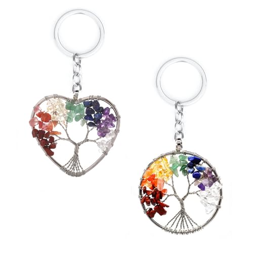 Hugwish 2 pcs lebensbaum schlüsselanhänger, schlüsselanhänger tree of life baum des lebens Naturstein 7 Chakra Heilen Für Geliebte Freunde Mütter von Hugwish