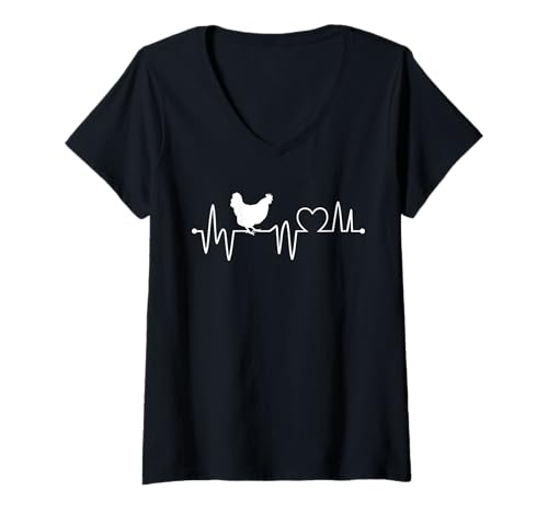 Damen Huhn Herzschlag Henne T-Shirt mit V-Ausschnitt Damen Huhn Herzschlag Henne T-Shirt mit V-Ausschnitt von Huhn Bauernhof Tiermotiv Landwirt Bauer
