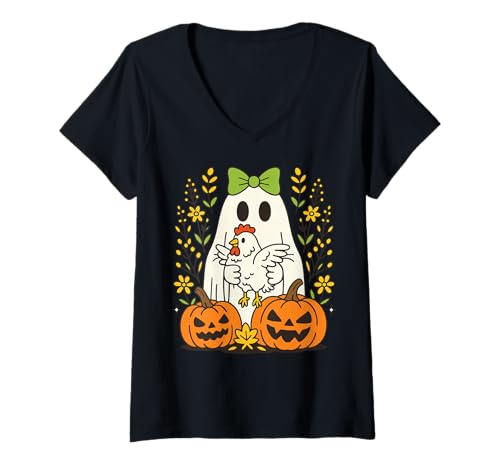Damen Geist Huhn Halloween T-Shirt mit V-Ausschnitt Damen Geist Huhn Halloween T-Shirt mit V-Ausschnitt von Huhn Geist Halloween Gruselig Süß Henne Bauer