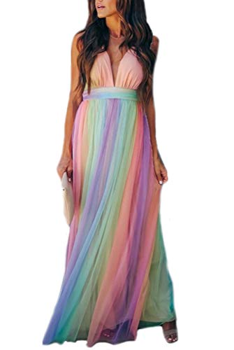 HuiXinXue Elegant Damen Lang Kleider Tiefem V-Ausschnitt Spaghetti Bunt Maxikleider Sommerkleider Tüll Kleid (Bunt,L,L) von HuiXinXue